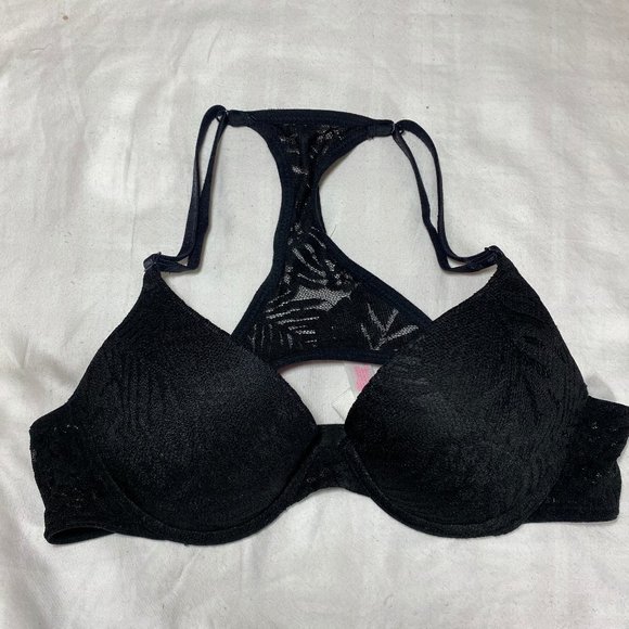PINK Victoria’s Secret Black Lace Raserback Push Up Bra 34A